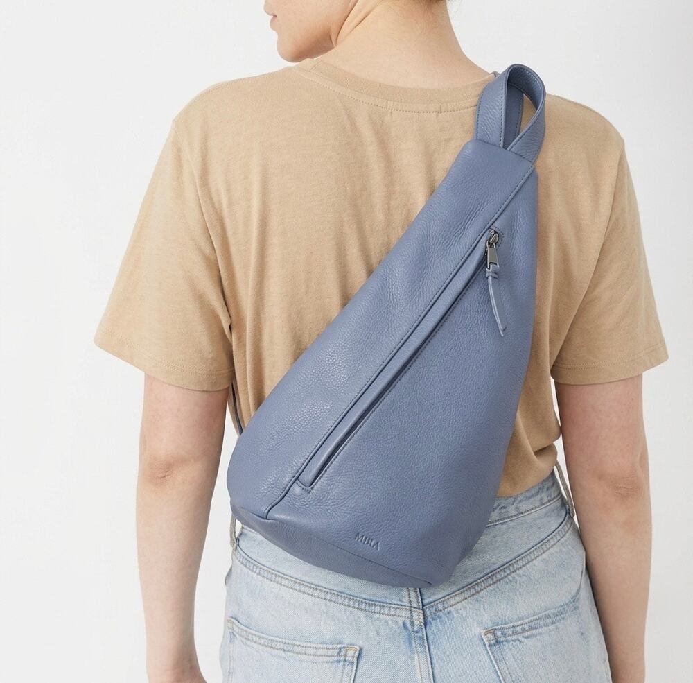 Periwinkle Blue Leather Sling Backpack Crossbody Pebbled Boho Coastal Sak